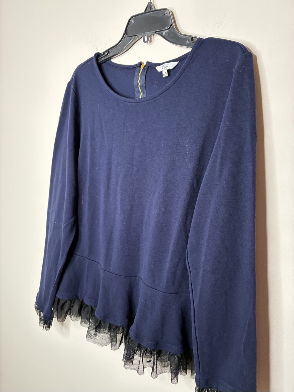 Crown & Ivy Comfy, Boho Navy Career Peplum Sweatshirt with Black Tulle Trim